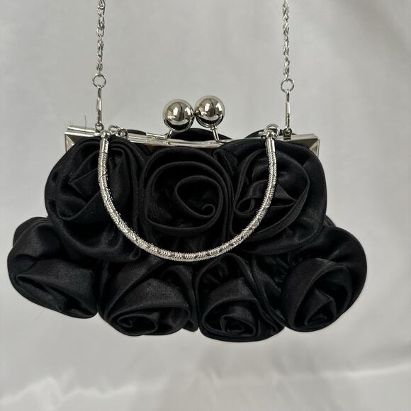 Women's Black Evening Clutch Floral Handbag Party Purse Detachable Chain Strap - Picture 4 of 16